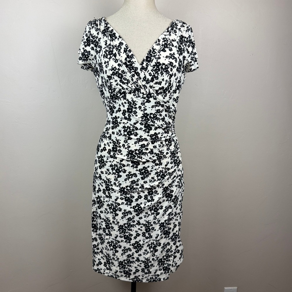 Lauren Ralph Lauren Sheath Dress Womens 10 White Black Floral Ruched Surplice